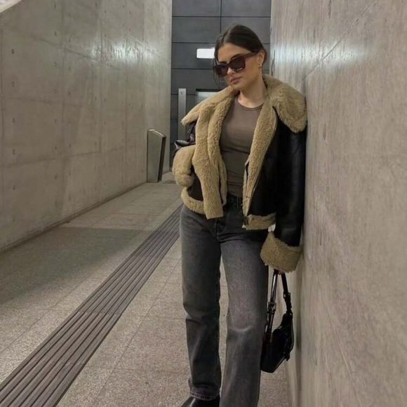 Vegan Leather Aviator Jacket Faux Shearling Trim Shearling Lined chocolate brown - Picture 6 of 12